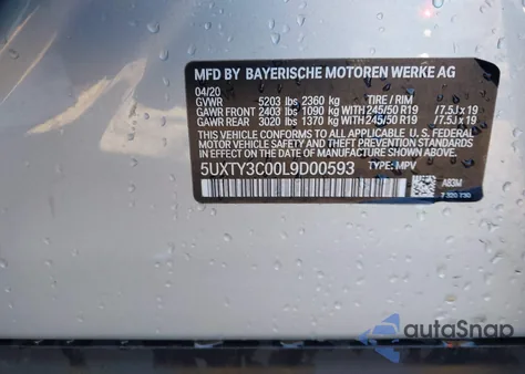 2020 BMW X3 Sdrive30I из США, поврежденный, VIN 5UXTY3C00L9D00593